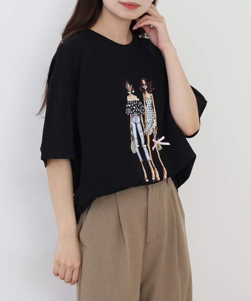 Anna Nicola(アンナニコラ)の「Anna Nicola ガールプリント半袖Tシャツ(Tシャツ/カットソー・レディース・ブラック/オフホワイト/ライム・38)」の11枚目の写真
