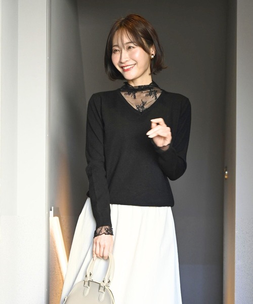 Ehre style（エーレスタイル）の「時短で素敵に 1枚で完成 レース付ニット（ニット/セーター・レディース・ブラック/アイボリー・FREE）」の3枚目の写真