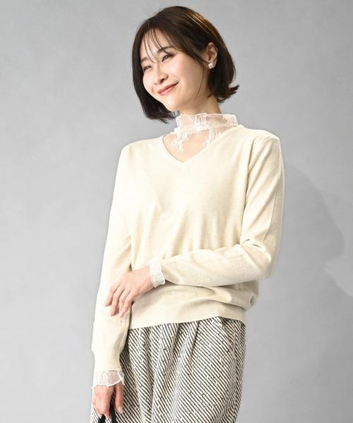 Ehre style（エーレスタイル）の「時短で素敵に 1枚で完成 レース付ニット（ニット/セーター・レディース・ブラック/アイボリー・FREE）」の4枚目の写真