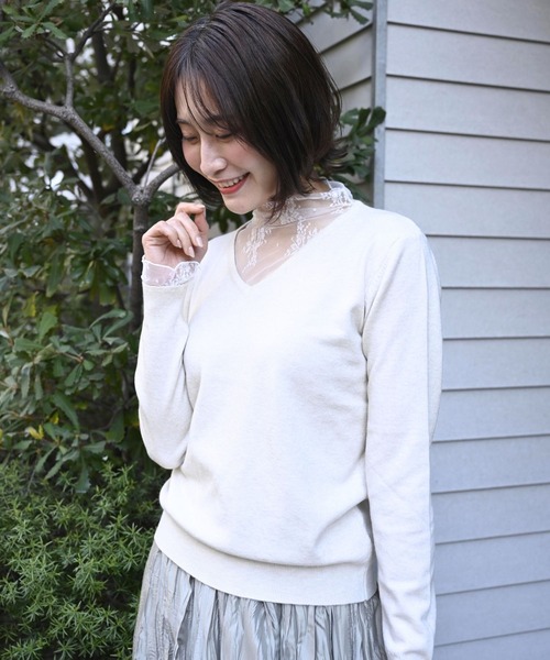 Ehre style（エーレスタイル）の「時短で素敵に 1枚で完成 レース付ニット（ニット/セーター・レディース・ブラック/アイボリー・FREE）」の7枚目の写真