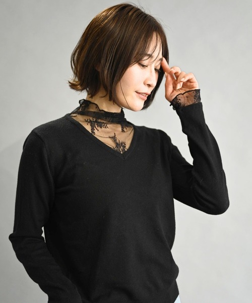 Ehre style（エーレスタイル）の「時短で素敵に 1枚で完成 レース付ニット（ニット/セーター・レディース・ブラック/アイボリー・FREE）」の8枚目の写真