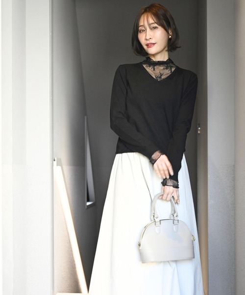 Ehre style（エーレスタイル）の「時短で素敵に 1枚で完成 レース付ニット（ニット/セーター・レディース・ブラック/アイボリー・FREE）」の13枚目の写真
