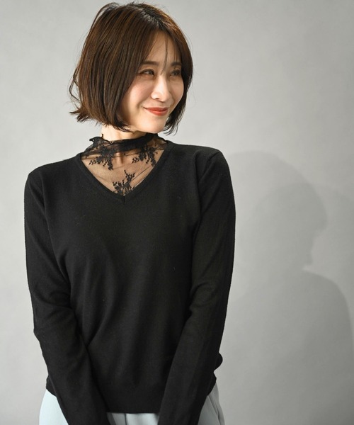 Ehre style（エーレスタイル）の「時短で素敵に 1枚で完成 レース付ニット（ニット/セーター・レディース・ブラック/アイボリー・FREE）」の19枚目の写真