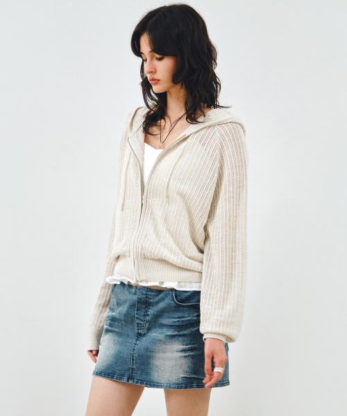 MONGDOL(モンドル)の「クロシェニットフードジップアップライトベージュMDCD040LBEIGE(カーディガン/ボレロ・レディース・その他・F)」の1枚目の写真