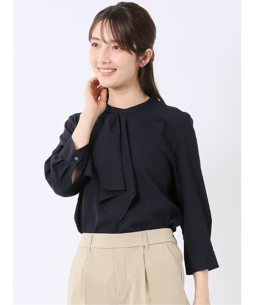 m.f.editorial(エムエフエディトリアル)の「【ストレッチ イージーケア】m.f.エディトリアル レディース ラッフル フリル 7分袖 プルオーバー ブラウス(シャツ/ブラウス・レディース・ネイビー/アイボリー/サックスブルー・MEDIUM/LARGE)」の1枚目の写真