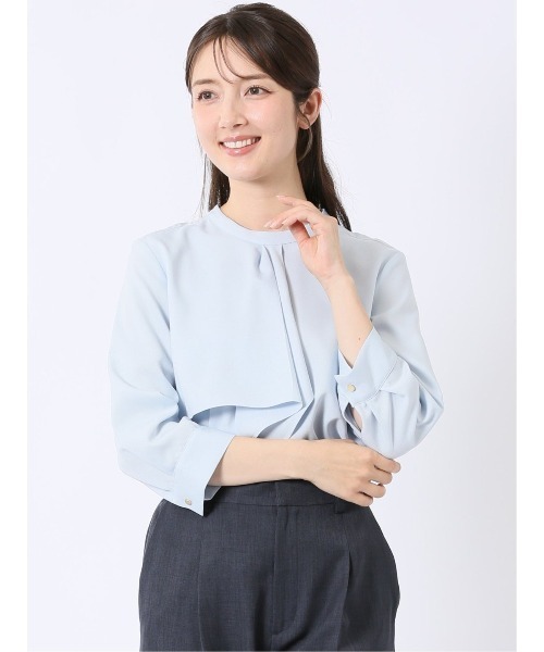 m.f.editorial(エムエフエディトリアル)の「【ストレッチ イージーケア】m.f.エディトリアル レディース ラッフル フリル 7分袖 プルオーバー ブラウス(シャツ/ブラウス・レディース・ネイビー/アイボリー/サックスブルー・MEDIUM/LARGE)」の3枚目の写真