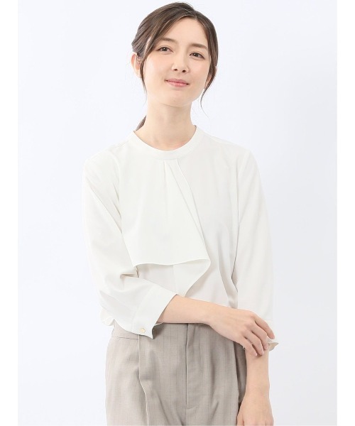 m.f.editorial(エムエフエディトリアル)の「【ストレッチ イージーケア】m.f.エディトリアル レディース ラッフル フリル 7分袖 プルオーバー ブラウス(シャツ/ブラウス・レディース・ネイビー/アイボリー/サックスブルー・MEDIUM/LARGE)」の2枚目の写真