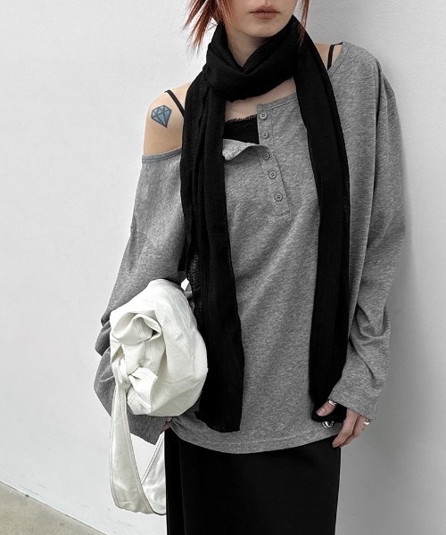 BLACKUP（ブラックアップ）の「[MADE] シースルールーズフィットヘンリーネック長袖Tシャツ（Tシャツ/カットソー・レディース・ネイビー/ホワイト/グレー・FREE）」の3枚目の写真