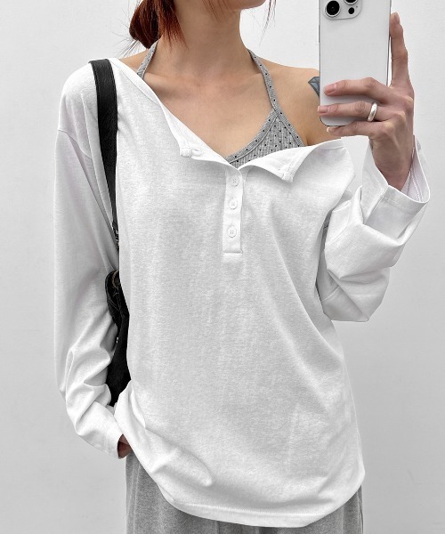 BLACKUP（ブラックアップ）の「[MADE] シースルールーズフィットヘンリーネック長袖Tシャツ（Tシャツ/カットソー・レディース・ネイビー/ホワイト/グレー・FREE）」の2枚目の写真