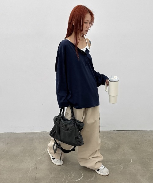 BLACKUP（ブラックアップ）の「[MADE] シースルールーズフィットヘンリーネック長袖Tシャツ（Tシャツ/カットソー・レディース・ネイビー/ホワイト/グレー・FREE）」の4枚目の写真