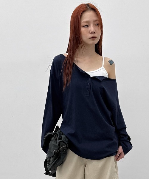 BLACKUP（ブラックアップ）の「[MADE] シースルールーズフィットヘンリーネック長袖Tシャツ（Tシャツ/カットソー・レディース・ネイビー/ホワイト/グレー・FREE）」の5枚目の写真