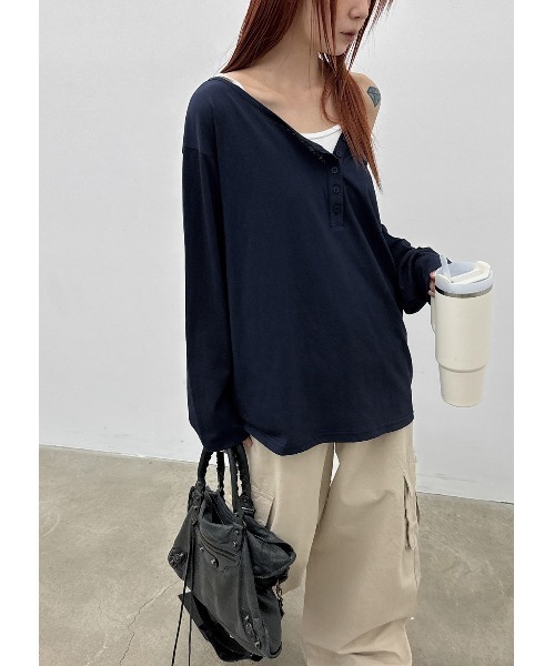 BLACKUP（ブラックアップ）の「[MADE] シースルールーズフィットヘンリーネック長袖Tシャツ（Tシャツ/カットソー・レディース・ネイビー/ホワイト/グレー・FREE）」の8枚目の写真