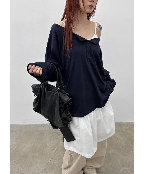 BLACKUP（ブラックアップ）の「[MADE] シースルールーズフィットヘンリーネック長袖Tシャツ（Tシャツ/カットソー・レディース・ネイビー/ホワイト/グレー・FREE）」の6枚目の写真