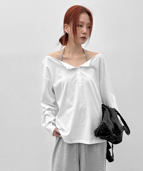 BLACKUP（ブラックアップ）の「[MADE] シースルールーズフィットヘンリーネック長袖Tシャツ（Tシャツ/カットソー・レディース・ネイビー/ホワイト/グレー・FREE）」の21枚目の写真