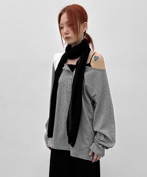 BLACKUP（ブラックアップ）の「[MADE] シースルールーズフィットヘンリーネック長袖Tシャツ（Tシャツ/カットソー・レディース・ネイビー/ホワイト/グレー・FREE）」の14枚目の写真