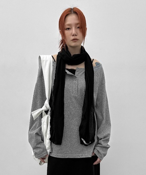 BLACKUP（ブラックアップ）の「[MADE] シースルールーズフィットヘンリーネック長袖Tシャツ（Tシャツ/カットソー・レディース・ネイビー/ホワイト/グレー・FREE）」の15枚目の写真