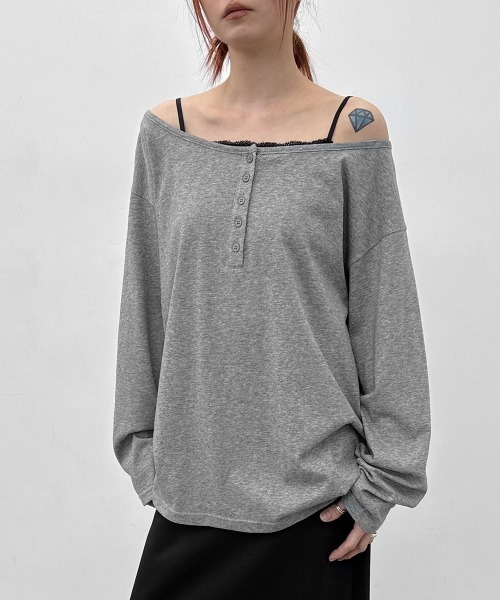 BLACKUP（ブラックアップ）の「[MADE] シースルールーズフィットヘンリーネック長袖Tシャツ（Tシャツ/カットソー・レディース・ネイビー/ホワイト/グレー・FREE）」の10枚目の写真