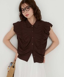 【Cherir Mignon】シアサッカーシャーリングパフショルダーブラウス