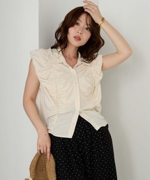 【Cherir Mignon】シアサッカーシャーリングパフショルダーブラウス