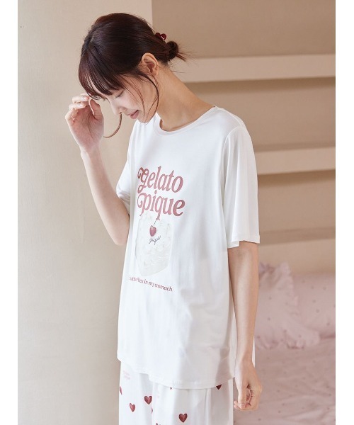 gelato pique(ジェラートピケ)の「【ONLINE限定】【接触冷感】ケーキワンポイントTシャツ&ハート柄ロングパンツセット(ルームウェア/パジャマ・レディース・オフホワイト/ブルー/ピンク・F)」の17枚目の写真