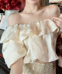 花柄ジャガードオフショルフリルトップス