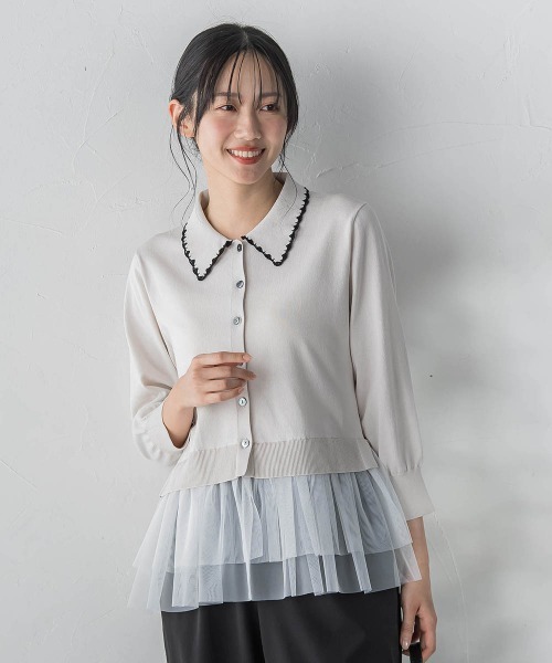 Droite lautreamont（ドロワットロートレアモン）の「裾チュールドッキングポロ襟ニット（ニット/セーター・レディース・ブラック/ライトグレー・M）」の2枚目の写真