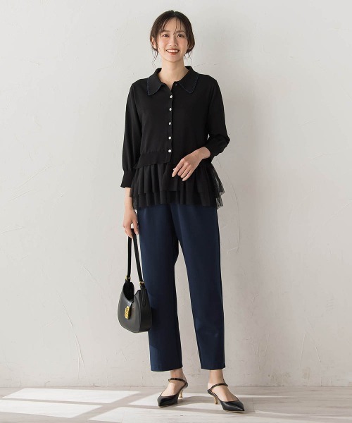 Droite lautreamont（ドロワットロートレアモン）の「裾チュールドッキングポロ襟ニット（ニット/セーター・レディース・ブラック/ライトグレー・M）」の7枚目の写真