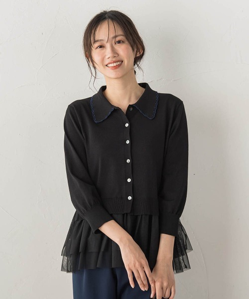 Droite lautreamont（ドロワットロートレアモン）の「裾チュールドッキングポロ襟ニット（ニット/セーター・レディース・ブラック/ライトグレー・M）」の4枚目の写真