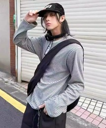 【NOWLE】5ボタン ヘンリーネック ボーダー ヘンリーネック 長袖 Tシャツ / ルーズシルエット