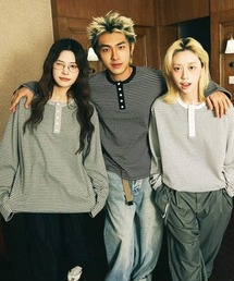 【NOWLE】5ボタン ヘンリーネック ボーダー ヘンリーネック 長袖 Tシャツ / ルーズシルエット