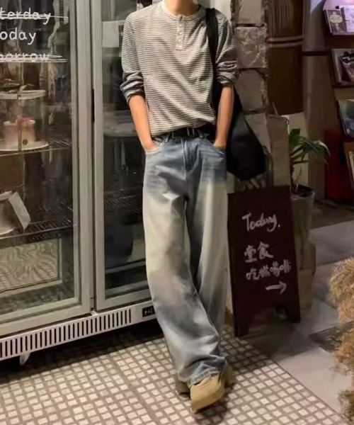 NOWLE(ノウル)の「【NOWLE】5ボタン ヘンリーネック ボーダー ヘンリーネック 長袖 Tシャツ / ルーズシルエット(Tシャツ/カットソー・メンズ・グレー/ブラック/ホワイト・X-LARGE/LARGE/MEDIUM/SMALL)」の20枚目の写真