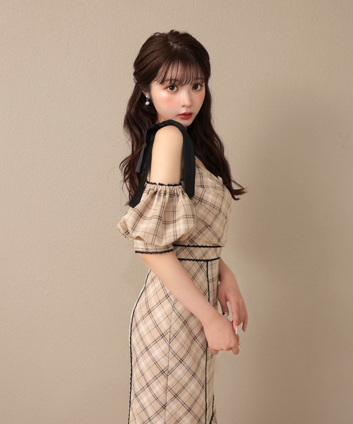 ワンピース m me eme Rosy ribbon slit mermaid skirt セール】Ribbon check mermaid onepiece（ワンピース）｜M me eme
