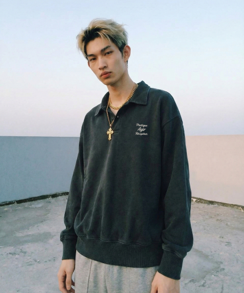 LENGAGEMENT(ランガージュマン)の「AGIR Salt-Washed Crop Polo Sweatshirt (Black)(スウェット・レディース・ブラック・1/2)」の2枚目の写真