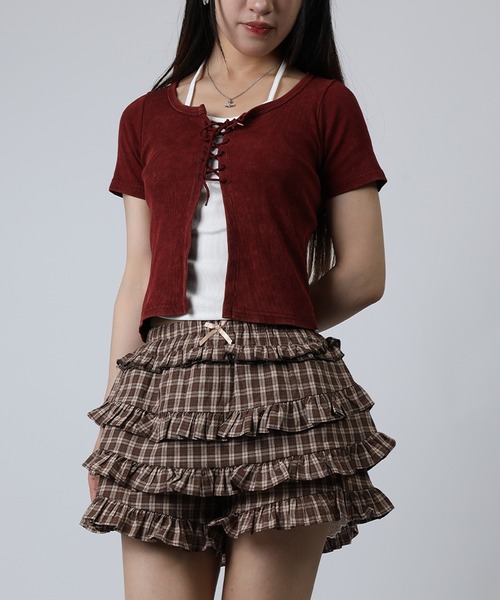 HOOK(フック)の「HOOK for girls キャミソールレイヤード風クロップド編み上げ半袖トップス (SS)(Tシャツ/カットソー・レディース・ダークグレー/ワイン・FREE)」の1枚目の写真