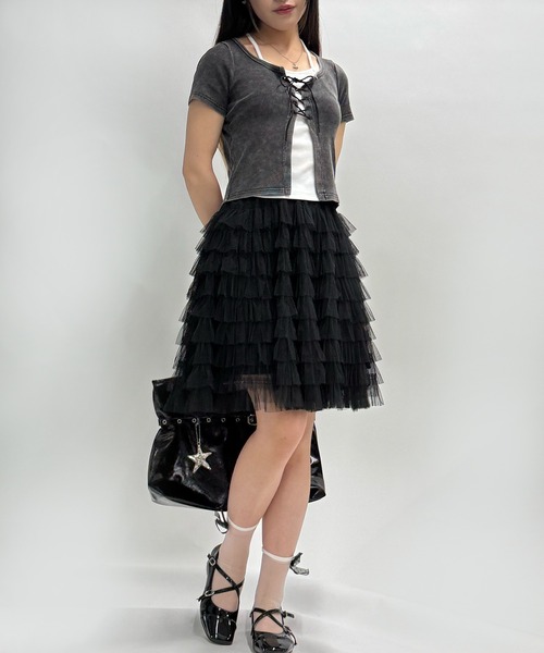 HOOK(フック)の「HOOK for girls キャミソールレイヤード風クロップド編み上げ半袖トップス (SS)(Tシャツ/カットソー・レディース・ダークグレー/ワイン・FREE)」の20枚目の写真