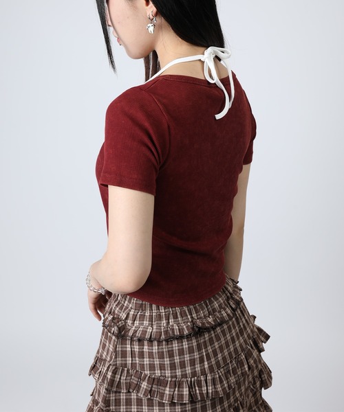 HOOK(フック)の「HOOK for girls キャミソールレイヤード風クロップド編み上げ半袖トップス (SS)(Tシャツ/カットソー・レディース・ダークグレー/ワイン・FREE)」の5枚目の写真