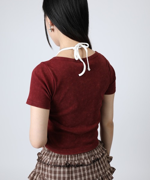 HOOK(フック)の「HOOK for girls キャミソールレイヤード風クロップド編み上げ半袖トップス (SS)(Tシャツ/カットソー・レディース・ダークグレー/ワイン・FREE)」の6枚目の写真