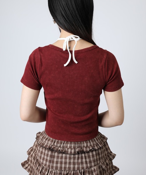 HOOK(フック)の「HOOK for girls キャミソールレイヤード風クロップド編み上げ半袖トップス (SS)(Tシャツ/カットソー・レディース・ダークグレー/ワイン・FREE)」の7枚目の写真