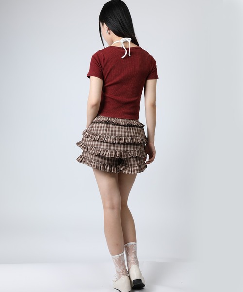 HOOK(フック)の「HOOK for girls キャミソールレイヤード風クロップド編み上げ半袖トップス (SS)(Tシャツ/カットソー・レディース・ダークグレー/ワイン・FREE)」の8枚目の写真