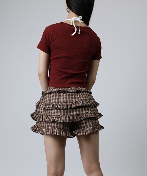 HOOK(フック)の「HOOK for girls キャミソールレイヤード風クロップド編み上げ半袖トップス (SS)(Tシャツ/カットソー・レディース・ダークグレー/ワイン・FREE)」の9枚目の写真