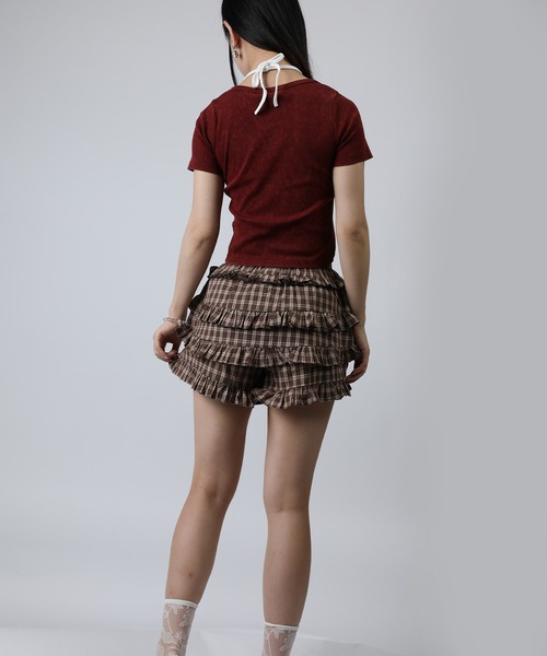 HOOK(フック)の「HOOK for girls キャミソールレイヤード風クロップド編み上げ半袖トップス (SS)(Tシャツ/カットソー・レディース・ダークグレー/ワイン・FREE)」の10枚目の写真