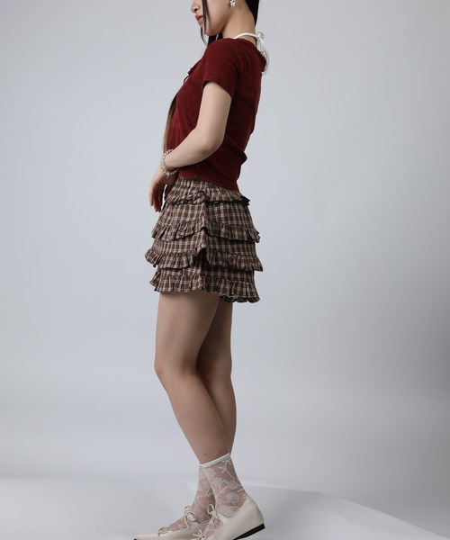 HOOK(フック)の「HOOK for girls キャミソールレイヤード風クロップド編み上げ半袖トップス (SS)(Tシャツ/カットソー・レディース・ダークグレー/ワイン・FREE)」の11枚目の写真