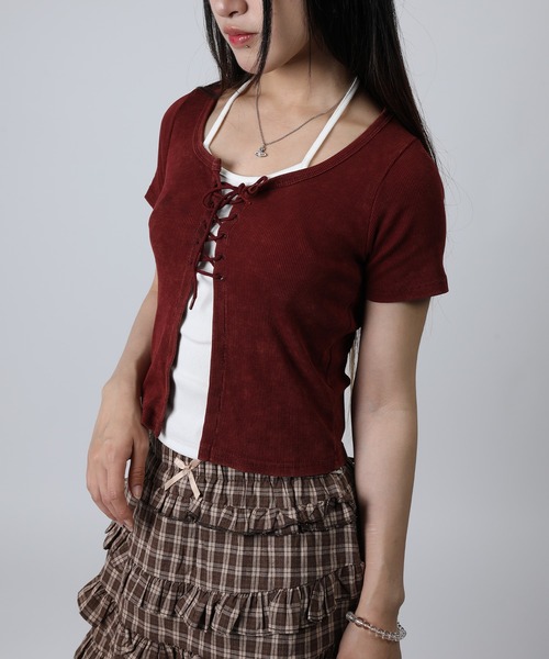 HOOK(フック)の「HOOK for girls キャミソールレイヤード風クロップド編み上げ半袖トップス (SS)(Tシャツ/カットソー・レディース・ダークグレー/ワイン・FREE)」の12枚目の写真