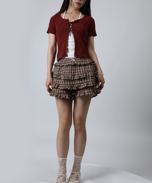 HOOK(フック)の「HOOK for girls キャミソールレイヤード風クロップド編み上げ半袖トップス (SS)(Tシャツ/カットソー・レディース・ダークグレー/ワイン・FREE)」の14枚目の写真