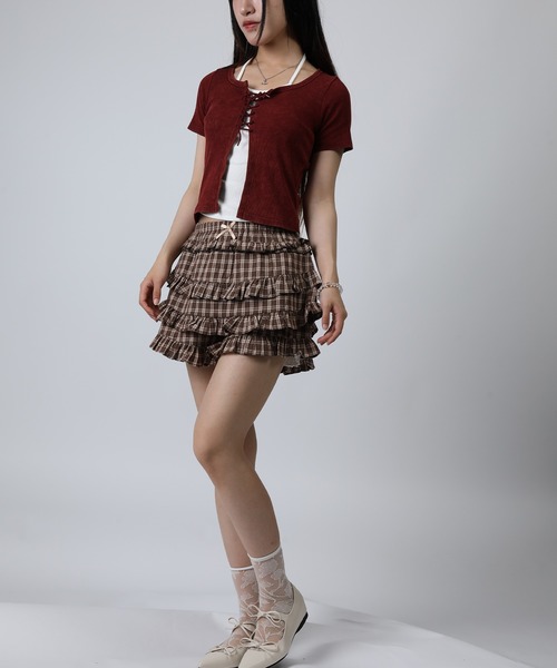 HOOK(フック)の「HOOK for girls キャミソールレイヤード風クロップド編み上げ半袖トップス (SS)(Tシャツ/カットソー・レディース・ダークグレー/ワイン・FREE)」の16枚目の写真