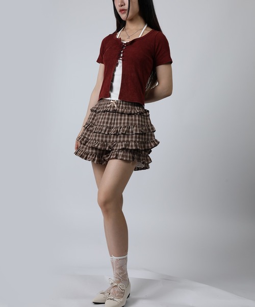 HOOK(フック)の「HOOK for girls キャミソールレイヤード風クロップド編み上げ半袖トップス (SS)(Tシャツ/カットソー・レディース・ダークグレー/ワイン・FREE)」の17枚目の写真