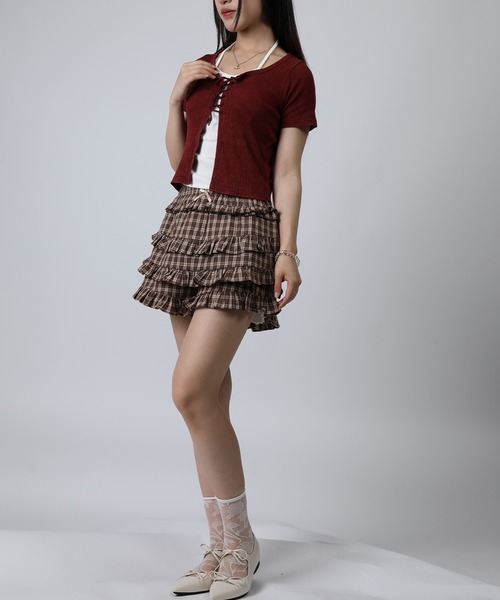 HOOK(フック)の「HOOK for girls キャミソールレイヤード風クロップド編み上げ半袖トップス (SS)(Tシャツ/カットソー・レディース・ダークグレー/ワイン・FREE)」の19枚目の写真