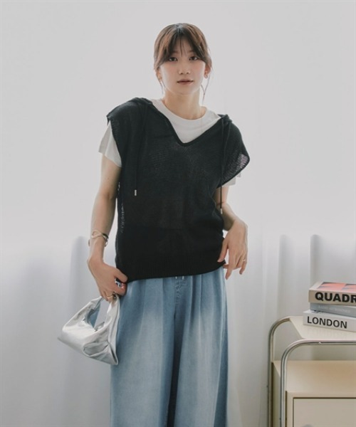 slattgir(スラットジール)の「高身長 ドライタッチニットフードトップス(トールサイズ)Essenave(ニット/セーター・レディース・ブラック/ベージュ・TM/TL/TLL/T3L)」の4枚目の写真