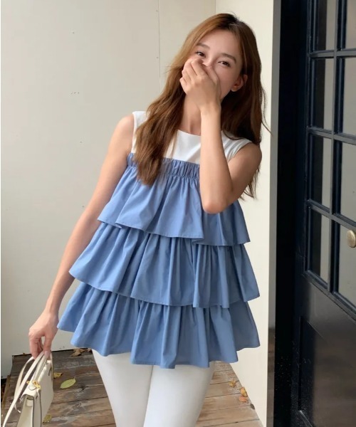 BIRTHDAY BASH(バースデイバッシュ)の「DOCKING TRIPLE FRILL TOPS(ドッキングトリプルフリルトップス)(Tシャツ/カットソー・レディース・ブルー/ホワイト系その他・S/M)」の2枚目の写真