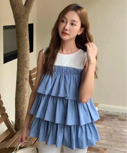 BIRTHDAY BASH(バースデイバッシュ)の「DOCKING TRIPLE FRILL TOPS(ドッキングトリプルフリルトップス)(Tシャツ/カットソー・レディース・ブルー/ホワイト系その他・S/M)」の15枚目の写真